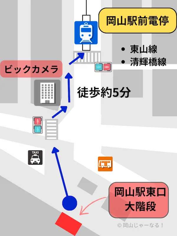 岡山駅の路面電車乗り場「岡山駅前」電停の位置関係がわかる地図