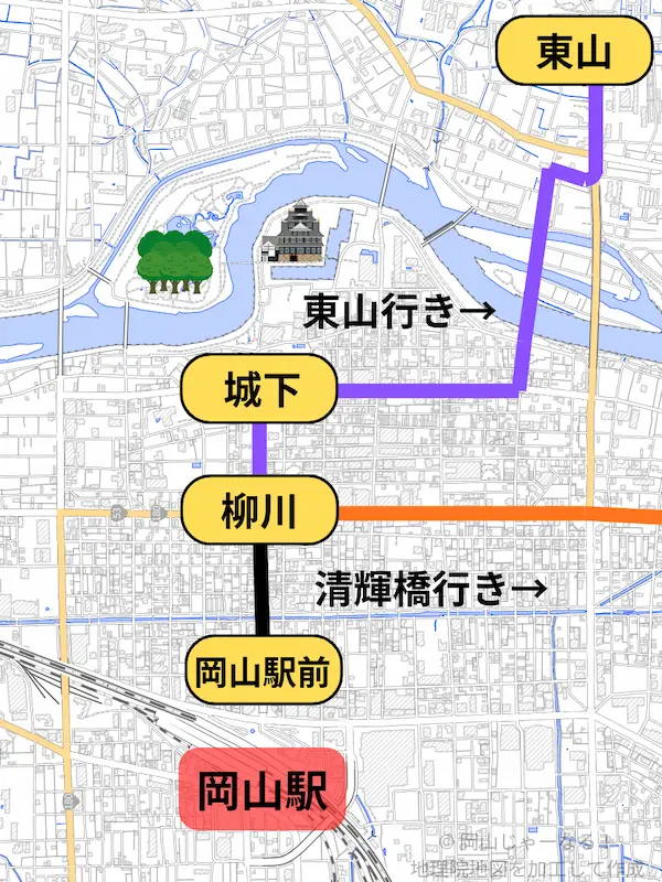 路面電車の乗り場の違いがわかる路線図
