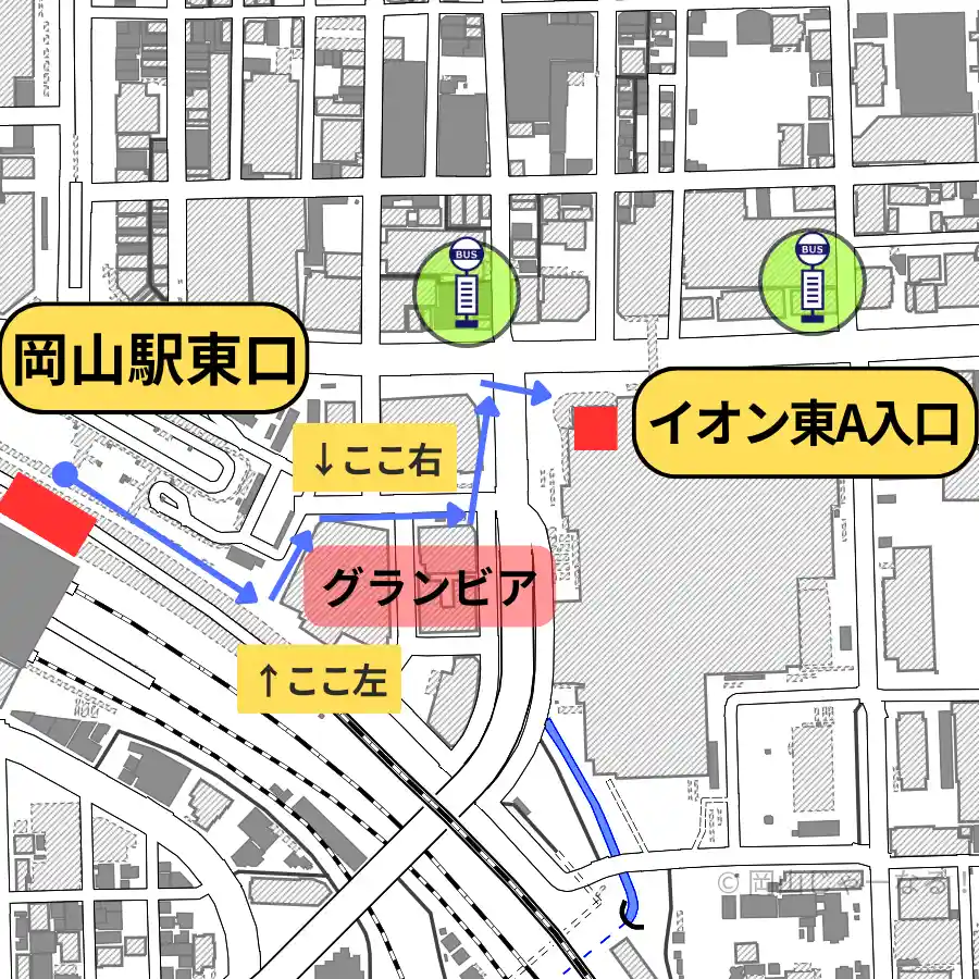 岡山駅からイオンモール岡山までの地上ルート全体図。東口からホテルグランヴィア前を通って東A入口へ向かう最短ルート