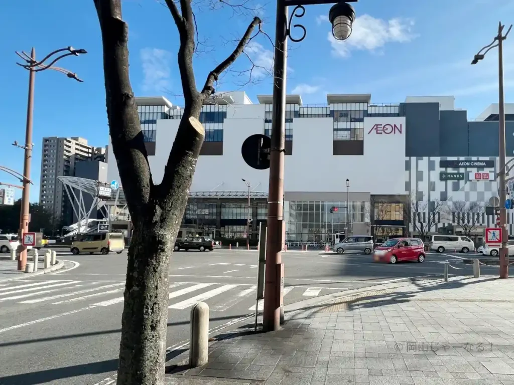 イオンモール岡山前の大通り。横断歩道を左に渡るポイント