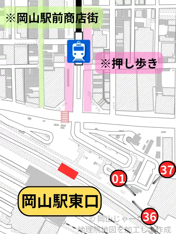 岡山駅東口周辺の地図。押し歩き区間、岡山駅前商店街、ももちゃりポート（No.1・36・37）の位置関係が分かる案内図