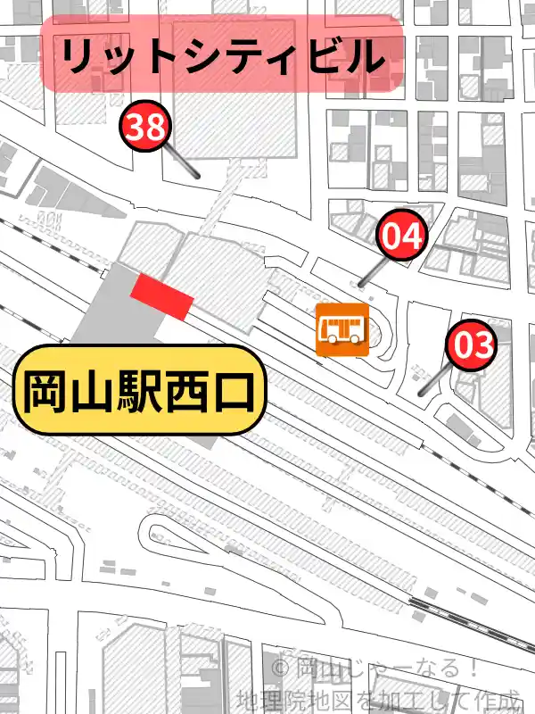 岡山駅西口周辺の地図。リットシティビルと3つのももちゃりポート（No.3・4・38）の位置が分かる案内図