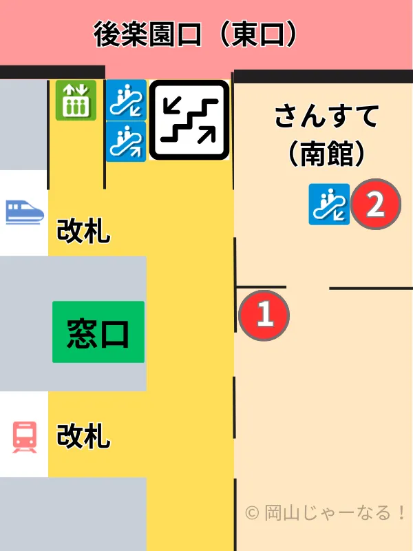 岡山駅2階さんすてフロア図（自作）。改札からの位置がわかる。