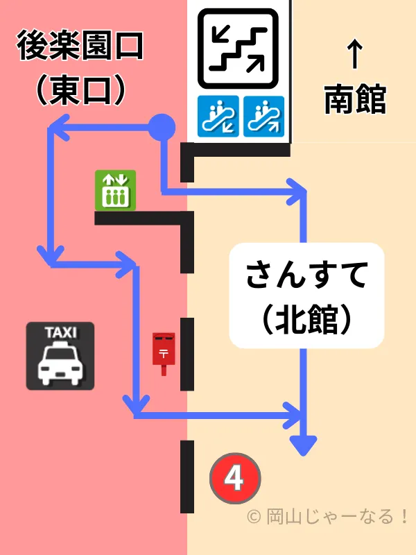 岡山駅1階さんすてフロア図（自作）。岡山駅東口からの案内図。