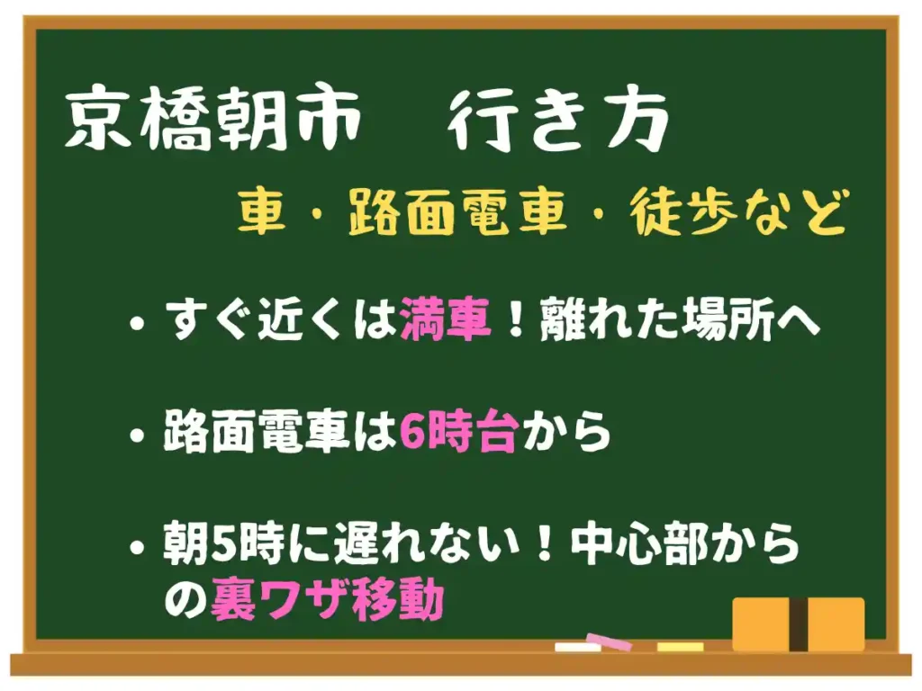 京橋朝市へのアクセスまとめ。駐車場は満車注意、路面電車は6時台始発、朝5時に行くなら徒歩・自転車・タクシーがおすすめ