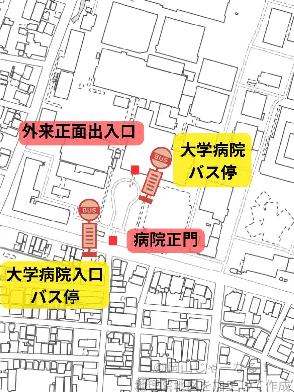岡山大学病院バス停と大学病院入口バス停の位置関係を示す地図。病院正門と外来正面出入口も表示。
