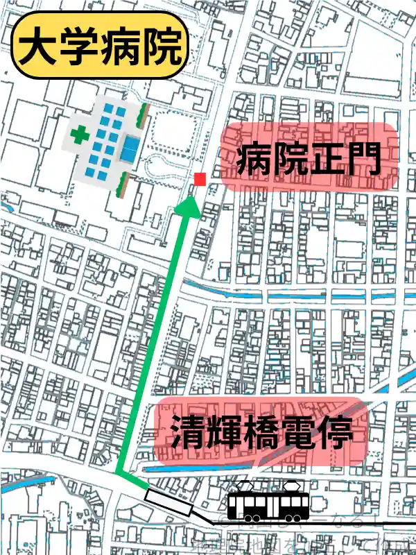 清輝橋電停から岡山大学病院正門までの徒歩ルートを示す地図。緑の矢印で道順を表示。