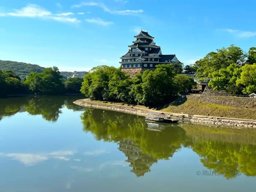 月見橋から見える、漆黒の岡山城の写真