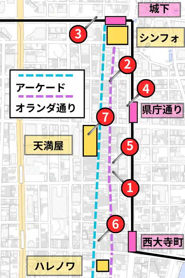 表町商店街周辺の岡山グルメ店・電停・観光スポット位置マップ