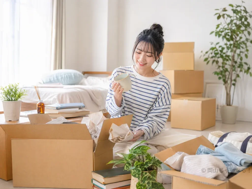 引っ越しの荷物に囲まれた若い女性
