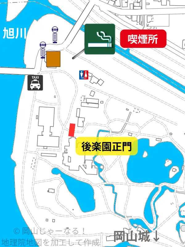 岡山後楽園外苑の喫煙所の地図。外苑入口や売店付近にある喫煙所の位置