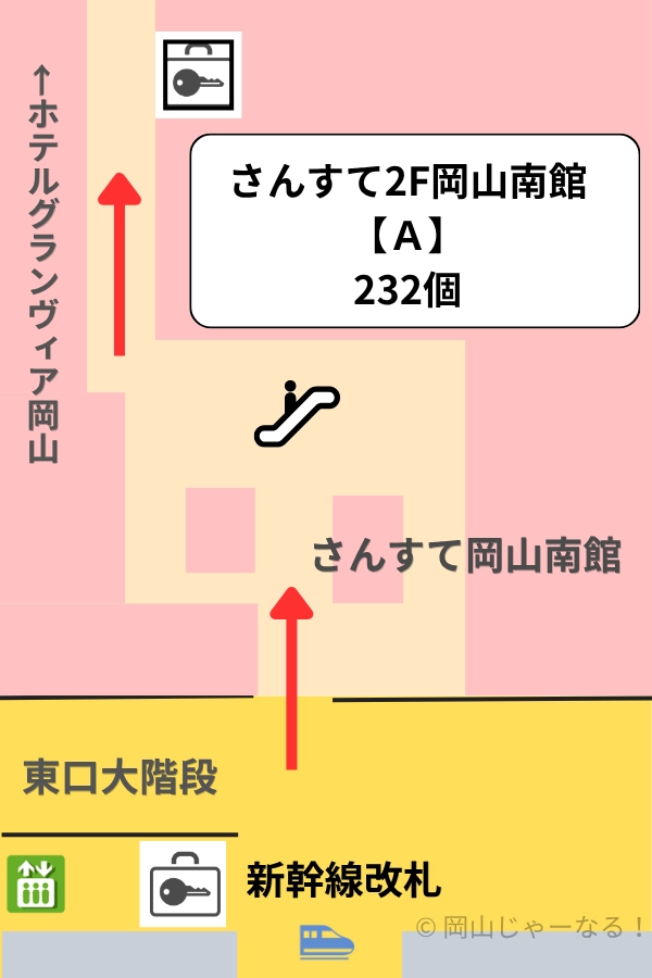 岡山駅の新幹線改札前から2Fさんすて岡山南館のコインロッカーまでの行き方を示した案内図