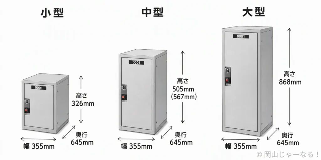 岡山駅にあるコインロッカーの小型・中型・大型サイズを高さ・幅・奥行の寸法で比較した図