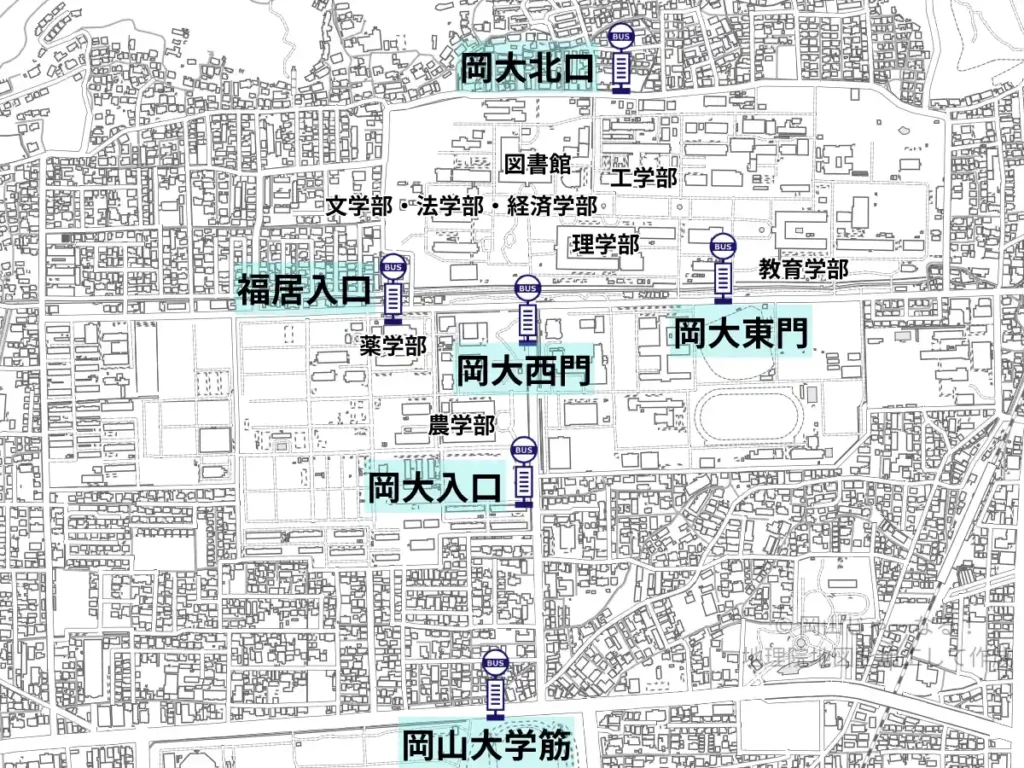 岡山大学津島キャンパスの学部配置と岡大入口・岡大西門・福居入口・岡大東門・岡大北門などのバス停位置を示した案内地図