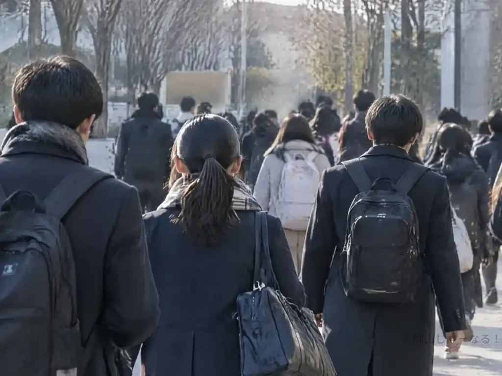 大学入試の試験会場へ向かって歩く大勢の高校生のイメージ